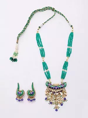 Kundan Studded and Beaded Peacock Design Necklace and Earrings Set