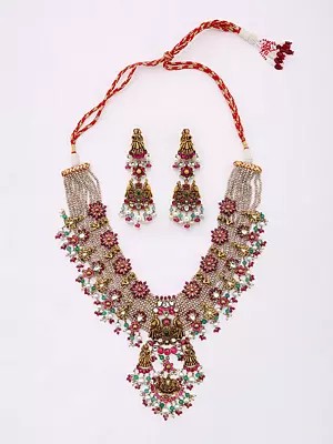 Heavily Embellished Floral Design Necklace and Earring Set