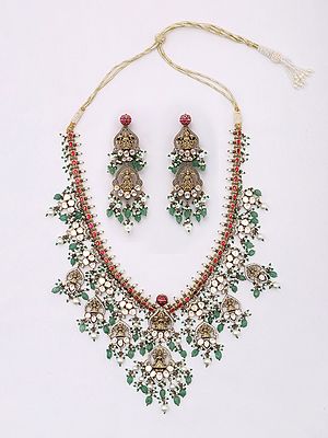Goddess Lakshmi Moissanite Polki Kundan Studded Necklace Set with Earrings