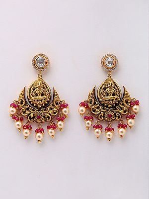 Goddess Lakshmi ChandelIer Earrings with Dangling Ruby and Pearls