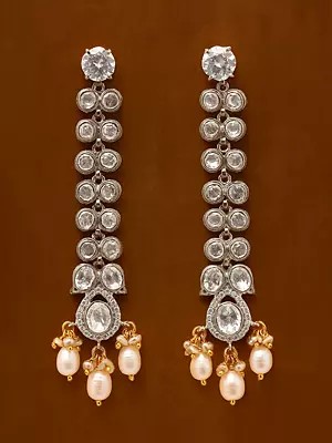 Polki Diamond Long Earrings with Pearl Drop