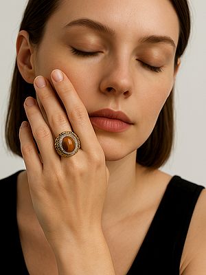 Oval Shape Tiger Eye Ring with Scrollwork Patterns