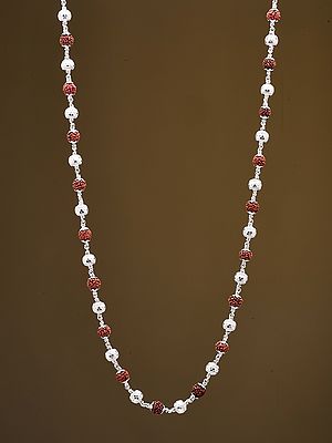 Natural Rudraksha & Textured Silver Beads Mala