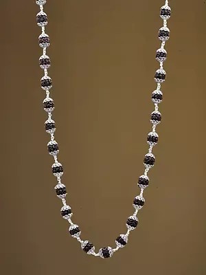 Natural Black Rudraksha Mala with Silver Work