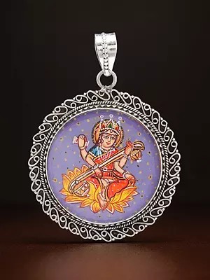 Round Shape Hand-Painted Goddess Saraswati Pendant