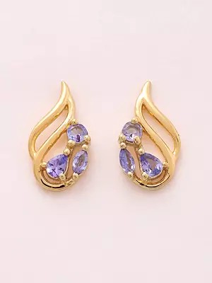 Flame Curved Silver Studs with Faceted Tanzanite Gemstone