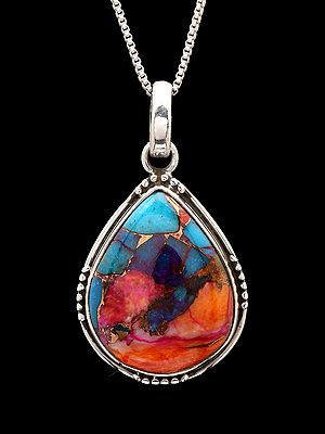Teardrop Shaped Pink Spiny Oyster Copper Turquoise Pendant