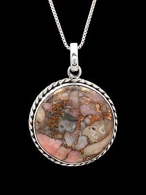 Circular Copper Mojave Pink Opal Pendant in Silver Rope Bezel