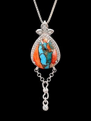 Teardrop-Shaped Oyster Copper Turquoise Pendant with Dangling Silver Chain