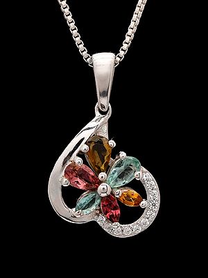 Floral Multicolor Gemstones Pendant in Inverted Curved Silver Heart