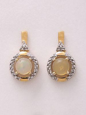Round Halo-Style Stud Earrings with Cabochon Opal in Center