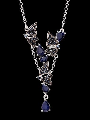 Y-Shaped Butterfly Necklace with Pear-Cut Blue Sapphire Gemstones