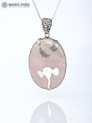 Oval Shape Rose Quartz Pendant with Silver Ganesha