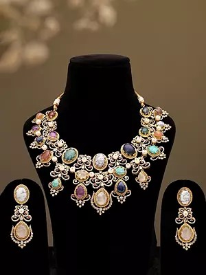 Royal Rajputi Style Broad Multi-Stone Necklace Set with Earrings