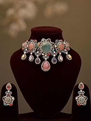Multicolor Stone Studded Choker Set with Earrings