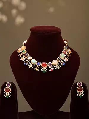 Multicolored Stone Studded Necklace and Earrings Set