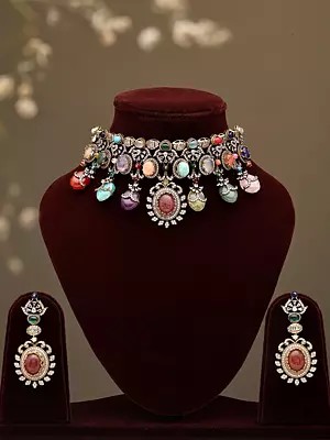 Traditional Rajputi Style Multicolored Choker Necklace with Dangling Drops and Earrings