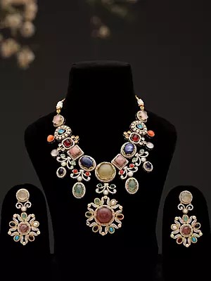 Floral Multicolor-Stone Studded Necklace Set with Earrings