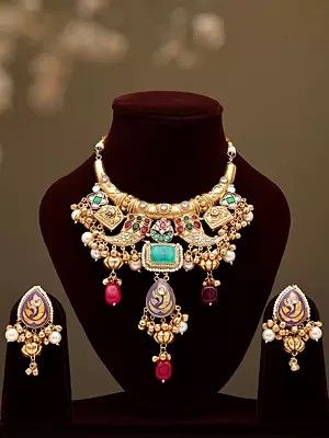 Fusion Hasli-Style Necklace and Earrings Set with Ghungroo Clusters