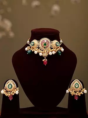 Lotus Motif Choker Necklace and Earrings Set with Ghungroo Clusters
