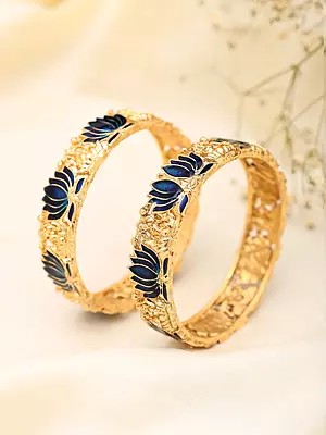 Enamelled Lotus Bangles with Lakshmi Motif in Antique Gold Finish (Set of 2)