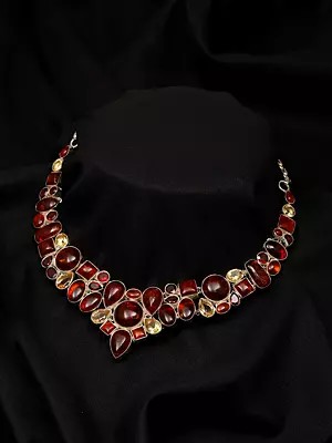 Cabochon Amber Statement Necklace with Citrine and Garnet