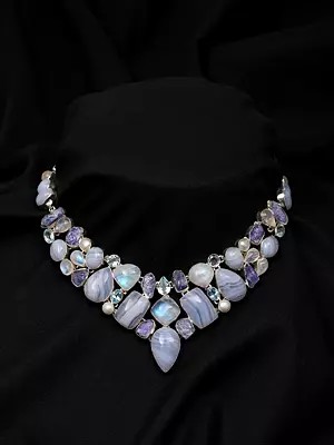 Blue Lace Agate Necklace with Moonstone, Tanzanite and Blue Topaz