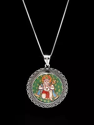 Round Shape Sterling Silver Filigree Hand Painted Lord Hanuman Pendant