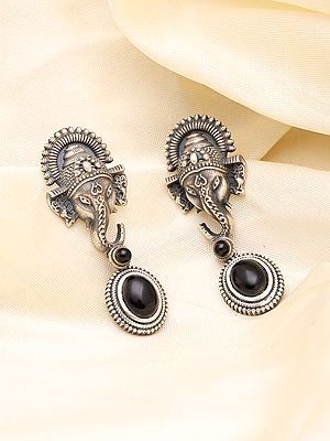 Lord Ganesha Oxidized Silver Earrings with Drop Gemstone