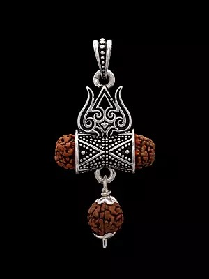 Divine Power Pendant: Trishul, Damru, and Sacred Rudraksha