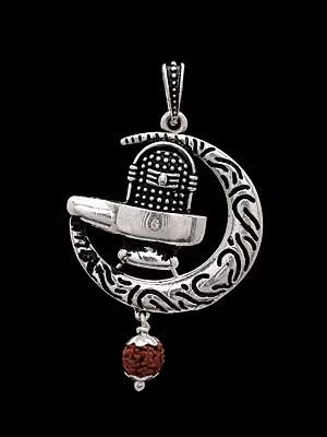 Shivalinga & Crescent Moon Silver Pendant with Rudraksha