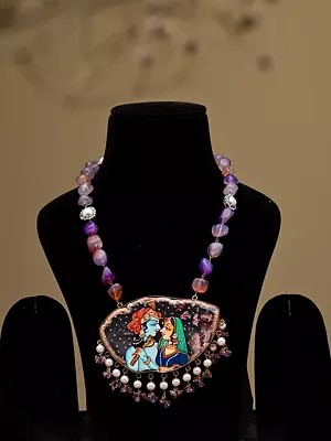 Radha Krishna Art Pendant Necklace with Stone Beaded Chain