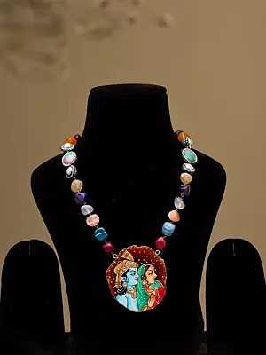 Radha Krishna Art Pendant with Multicolor Stone Beaded Necklace