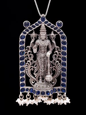 Lord Vishnu Oxidised Silver Temple Pendant with Pearl Drops