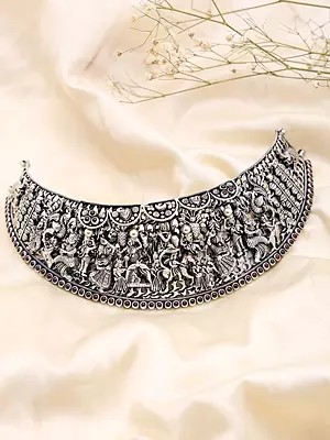 Krishna-Lila Engraved Panel Style Oxidised Silver Choker