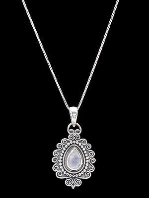 Sterling Silver Pendant with Tear-drop Shape Rainbow Moonstone