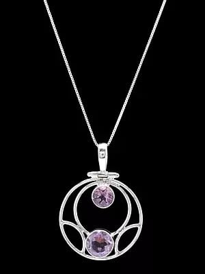 Round Shape Sterling Silver Pendant with Duplet Faceted Amethyst