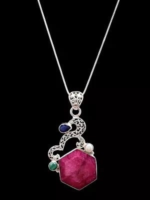 Hexagon Shaped Ruby Pendant with Blue Sapphire and Emerald