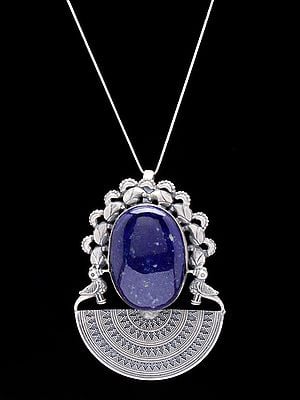 Large Lapis Lazuli Pendant with Semi-circle Mandala & Parrots