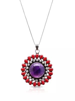 Sterling Silver Floral Design Pendant with Coral, Pearl and Amethyst Gemstone in Center