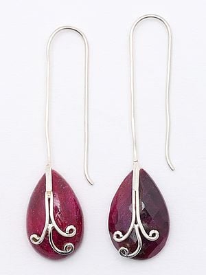 Almond Shaped Ruby Long Hook Earrings