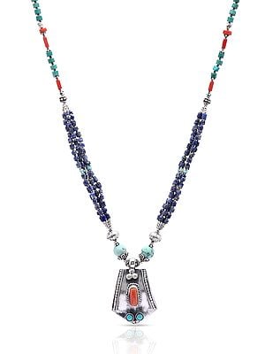 Sterling Silver Necklace With Turquoise, Lapis Lazuli and Coral Stone