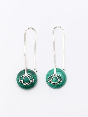 Sterling Silver Long Hook Earrings with Malachite Gemstone