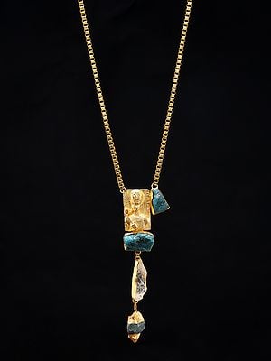 Copper Pharaoh Egyptian Bust Long Necklace with Raw Apatite and Crystal