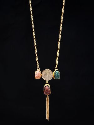 Lakshmi Ganesha Coin Necklace with Green Aventurine, Rose Quartz and Hessonite Gemstone Ganesha