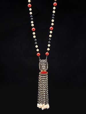 Zinc Native American Chief Long Necklace with Drop Pearls