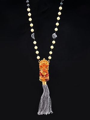 Chaturbhuja Lord Ganesha Long Necklace with Pearls and Hematite