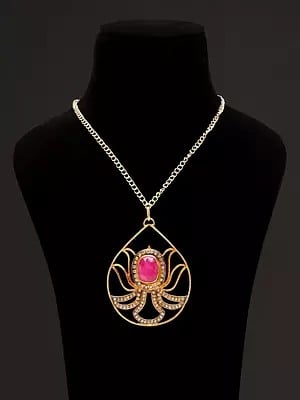 Brass Lotus In Tear Drop Shape Pendant with Ruby and CZ