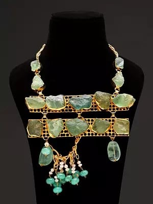 Raw Green Aquamarine Necklace with Dangling Jade and Pearls