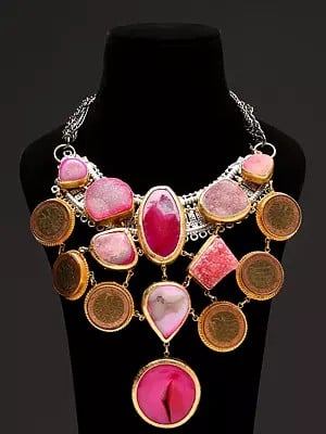 Natural Pink Agate Geode Statement Necklace with Deutschland Token Coin